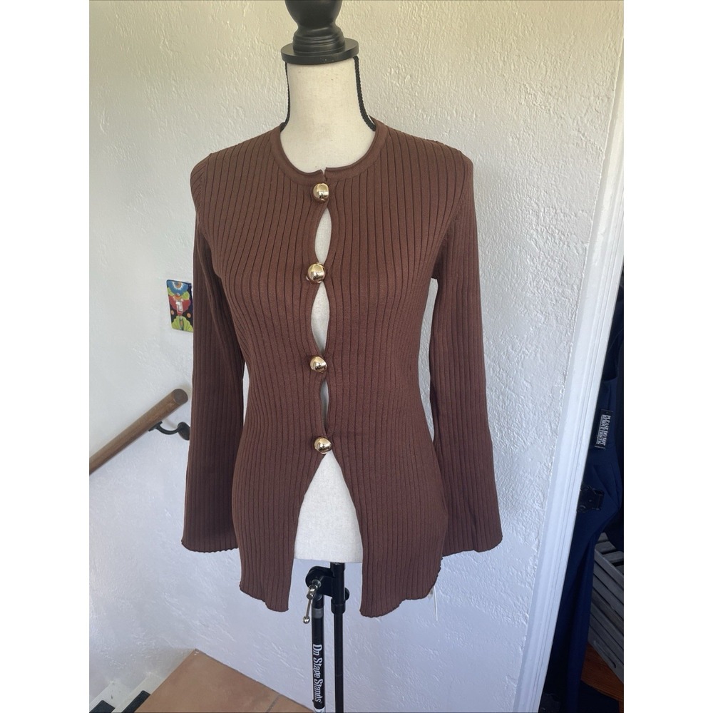 Commense NWT Split Button Brown Cardigan Gold‎ Buttons Bell Sleeves Size Large
